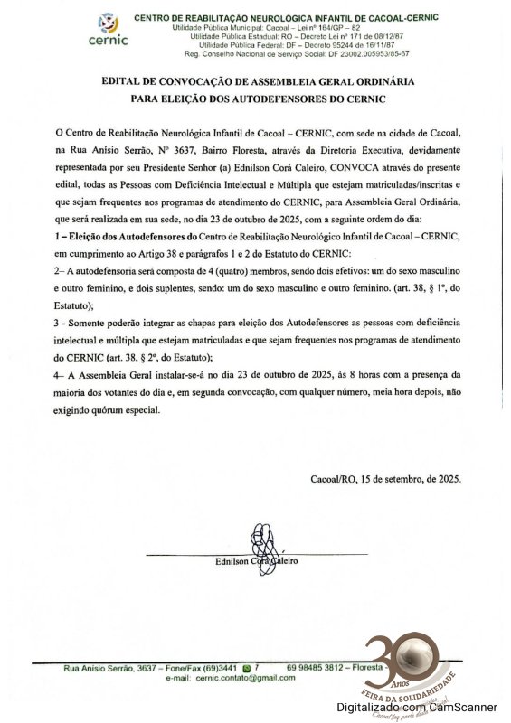 EDITAL DE CONVOCAÇÃO DE ASSEMBLEIA GERAL ORDINÁRIA  PARA ELEIÇÃO DOS AUTODEFENSORES DO CERNIC